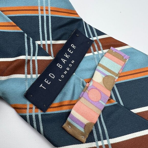 Ted Baker Mens 100% Silk Plaid Tie With Geometric Inner Design Brown/Blue/Orange - Picture 4 of 5